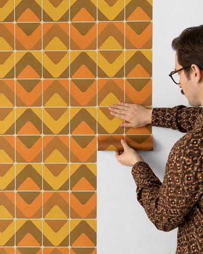 Retro Geometric Peel and Stick Wallpaper Removable Orange Yellow 9in×19.7ft - color: Orange/Yellow