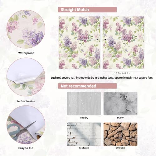 Lilac Floral Wallpaper Peel and Stick Wallpaper Purple 17.7"x160" - size: 17.7" x 160"