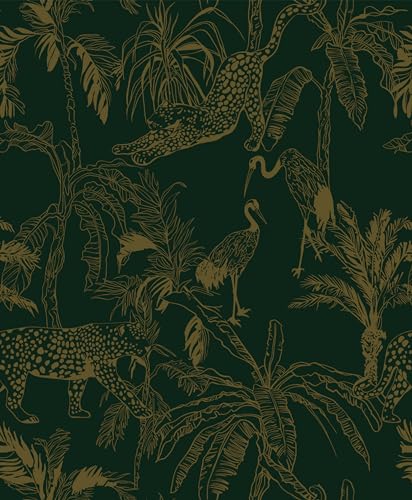Heroad Dark Green Peel and Stick Wallpaper Boho Contact Paper 17.3"x393" Jungle Wall Paper Removable Self Adhesive Cheetah Wallpaper for Bedroom Living Room Cabinet Waterproof Bathroom Vinyl Roll - color: Dark Green&Gold, size: 17.3" x 393"