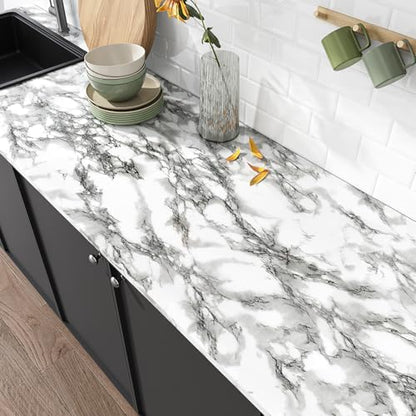 VEELIKE 15.7''x236'' Glossy Black and White Marble Countertop Contact Paper Counter Top Peel and Stick Waterproof Marble Wallpaper Self Adhesive Durable Vinyl Countertops for Kitchen Bathroom Table - size: 15.7" x 236"