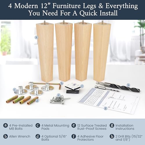 Airy Abode Premium Ash Wood Square Furniture Legs (Full Install Kit) - Pick Your Size and Color - color: Natural Ash Wood, size: 12 Inches