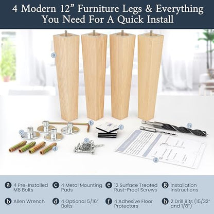 Airy Abode Premium Ash Wood Square Furniture Legs (Full Install Kit) - Pick Your Size and Color - color: Natural Ash Wood, size: 12 Inches