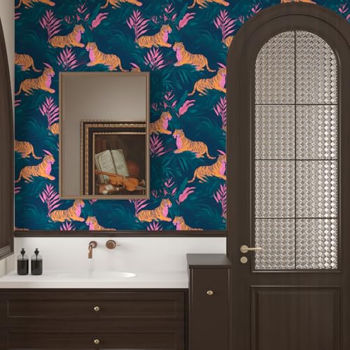BOKEBEVE Tropical Tiger Wallpaper Peel and Stick Green Pink 17.5 x 118In - color: Green/Orange/Pink, size: 17.5" x 118"