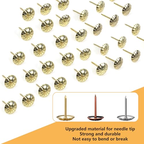 600Pcs Thickened Daisy Push Pins, Upholstery Tacks for Sofa Boxes Cabinets, Antique Bronze Iron Nails,Hardware Round Head Soft, 3 Colors of Chrysanthemum Push Pins (Gold, Antique Brass, Silver)