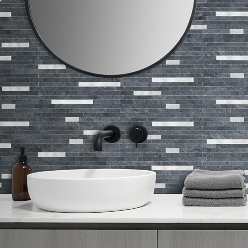AULIGET 20 Sheets Black Slate Peel and Stick Backsplash, PVC Mixed Metal Silver Wall Tile Stick on Backsplash for Kitchen and Bathroom - color: Black Slate + Metal Silver, size: 20 Sheets, 6"x12"x0.12"