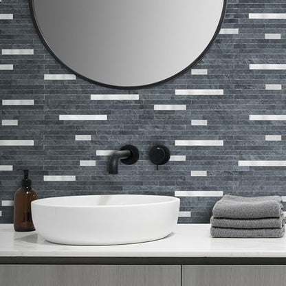 AULIGET 20 Sheets Black Slate Peel and Stick Backsplash, PVC Mixed Metal Silver Wall Tile Stick on Backsplash for Kitchen and Bathroom - color: Black Slate + Metal Silver, size: 20 Sheets, 6"x12"x0.12"