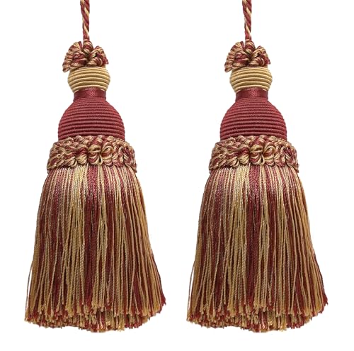 DÉCOPRO Beautiful Hand-Crafted 5" (12.5cm) Key Tassel, 3 1/2" (8.5cm) Loop # IKTJ, Burgundy Gold #1253 (Carmine Red, Yellow Gold, Dark Red) Set of 2 - color: Burgundy Gold #1253 (Carmine Red, Yellow Gold, Dark Red), size: Set of 2