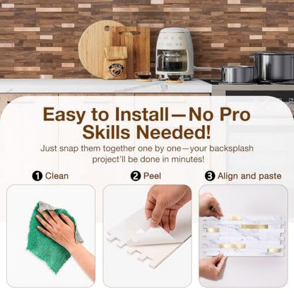 Peel and Stick Backsplash Tile Waterproof Removable PVC Wall Sticker 3D Faux Stone Marble Brick White Accent Panels (White Marble - Metal Gold, 40 Tiles - 18 sq. ft. (1.68 m²)) - color: White Marble - Metal Gold, size: 40 Tiles - 18 sq. ft. (1.68 m²)