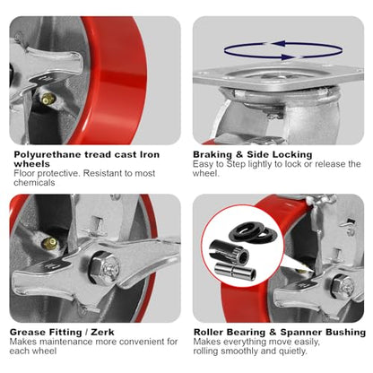 6" Casters Set of 4 Heavy Duty Industrial Caster Wheels with Load 4800lbs Capacity, Polyurethane Wheels for Workbench,Tool Box,Dolly(2 Brake & 2 Rigid) - style: 6'' Wheel
