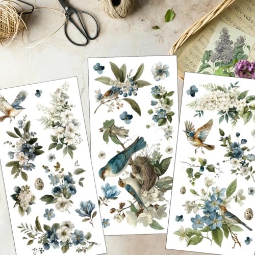 OLYCRAFT 3 Sheets/Set Flying Bird Rub on Transfers for Furniture and Craft 6x12 Inch Blooming Flower Furniture Decal Transfer Stickers Rub on Decal with 1Pc Scraper for Wooden Furnitures Home Decor - style: Flying bird