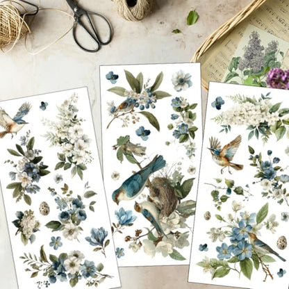 OLYCRAFT 3 Sheets/Set Flying Bird Rub on Transfers for Furniture and Craft 6x12 Inch Blooming Flower Furniture Decal Transfer Stickers Rub on Decal with 1Pc Scraper for Wooden Furnitures Home Decor - style: Flying bird