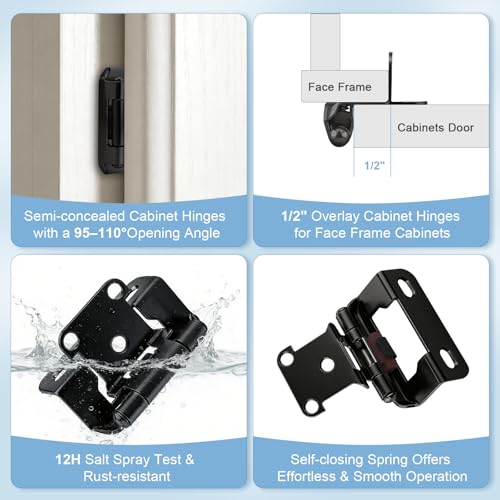 KNOBWELL 1/2" Overlay Black Cabinet Hinges for Cabinet Doors Kitchen 5 Pair - color: Matte Black