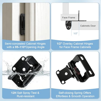 KNOBWELL 1/2" Overlay Black Cabinet Hinges for Cabinet Doors Kitchen 5 Pair - color: Matte Black