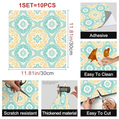 HOMETITUTE Mint Yellow Floral Peel and Stick, Tiles Tile Art Deco, 12"x12" - color: Turquoise, Yellow