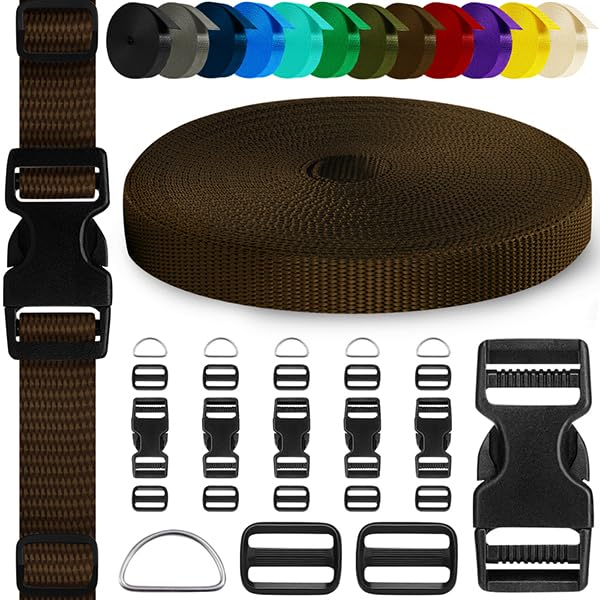 TECEUM 3/4" Nylon Strap Kit with Buckles, Brown 6 yards Repair Set - color: Brown, size: 3/4" - 6 yards, style: 6 Buckle - 12 Slides - 6 D-rind