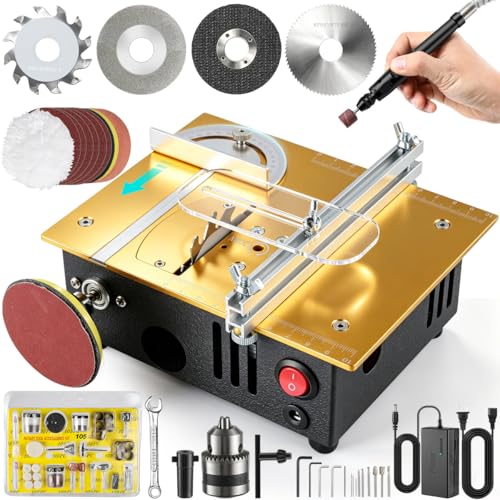 Mini table Saw,mini Table Saws for Crafts,Dual Motors & Switches,small table saw with adjustable cutting angle,depth,and speed,All-in-One Cutting/Grinding/SandingTool,Creat for Hobbyists Model Maker - color: Gold