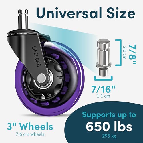 Lifelong Office Chair Wheels Replacement, Heavy Duty, Purple, 5-Pack - color: Purple & Clear, size: 3 Inch