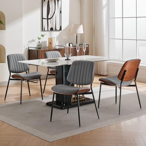 Dining Chairs Set of 4, Mid-Century Modern Kitchen Chairs, Gray Linen - color: Gray Vertical Stripes