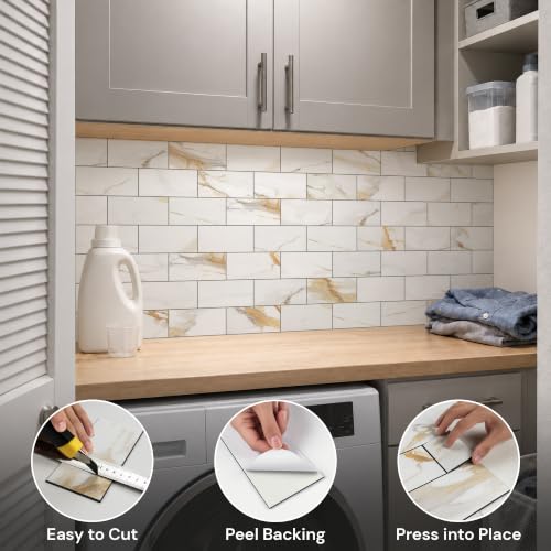 StyloVue 100 Pieces Peel and Stick Backsplash for Kitchen, 3" x 6" PVC Subway Tile Upgraded Calacatta Gold with Dark Gray Grout Backsplash Stick on Tile Elevate Kitchen, Bathroom, Fireplace,RV - color: Calacatta Gold