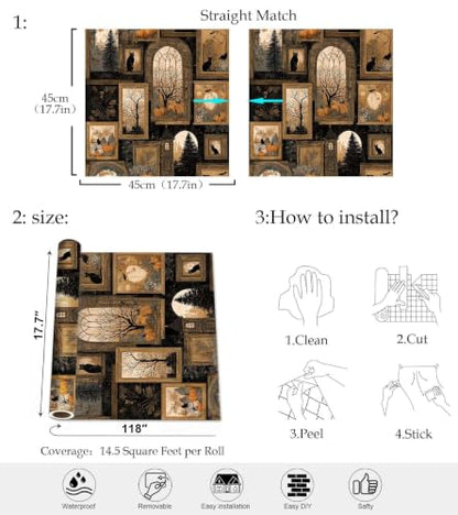 Black Gothic Peel and Stick Wallpaper, Dark Academia Witchy Wallpaper - size: 17.7" x 118"