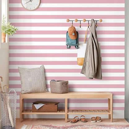 Pink and White Striped Peel and Stick Wallpaper 17.3"x1200" - color: Pink, size: 17.3" x 1200"