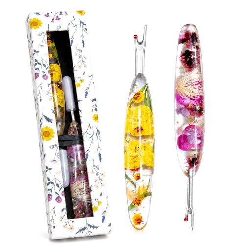 Reessy Seam Ripper for Sewing, 2PCS Small & Large Stitch Remover Tools with Floral Resin Handles, Cute Sewing Seam Rippers for Quilting, Alterations, Thread Picking, Stitch Removal & Craft Supplies - color: yellow purple