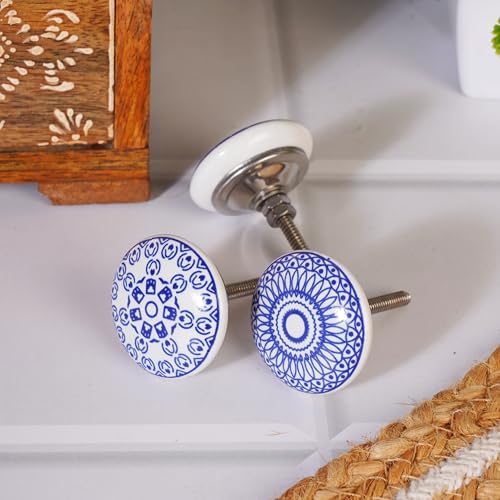 Ajuny 10 Blue White Ceramic Cabinet Knobs, Printed Drawer Pull Handles Set - color: Blue-White
