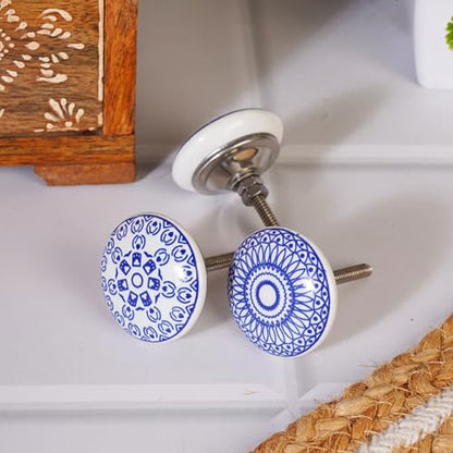 Ajuny 10 Blue White Ceramic Cabinet Knobs, Printed Drawer Pull Handles Set - color: Blue-White