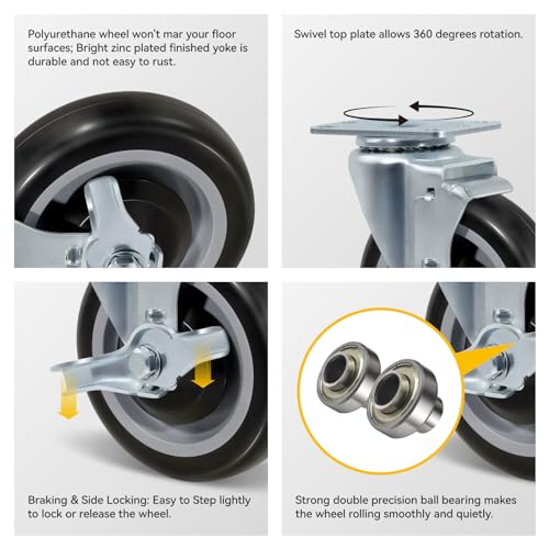 5" Caster Wheels, Heavy Duty Industrial Casters, Polyurethane Shopping Cart Wheels Replacement for Cart, Each Caster Loads 350lbs (12 Brake) - style: 12 Brake
