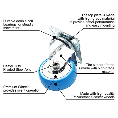 12 Pack Caster Swivel Plate On Blue Polyurethane Wheels PU(6 pc no Brake + 6 pc w/Brake) - size: Combo - 6 No brake & 6 With Brake