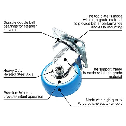 12 Pack Caster Swivel Plate On Blue Polyurethane Wheels PU(6 pc no Brake + 6 pc w/Brake) - size: Combo - 6 No brake & 6 With Brake