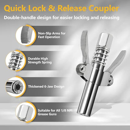 8PCS Grease Gun Tips Kit, Quick Lock Coupler, 90° Adapter, Needle & Nozzles