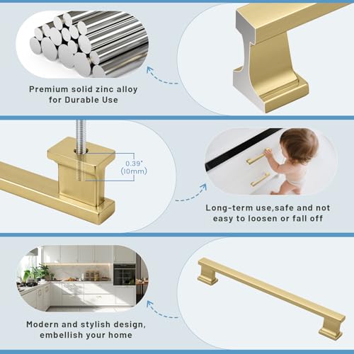 KNOBWELL 6 Pack Brushed Gold Solid Cabinet Pulls 7-9/16 Inch(192mm) Hole Center Kitchen Cabinet Handles,Cabinet Hardware for Cupboard Drawer Pulls - color: Brushed Gold, size: Hole Center：7-9/16 inch（192mm）