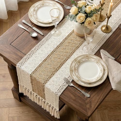 Boho Macrame Table Runner with Tassels 60in Brown Farmhouse Runner - color: White & Brown, size: 12'' x 60''