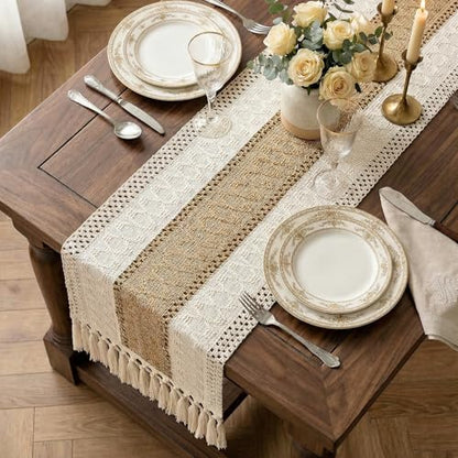 Boho Macrame Table Runner with Tassels 108in Brown Farmhouse Runner - color: White & Brown, size: 12'' x 108''