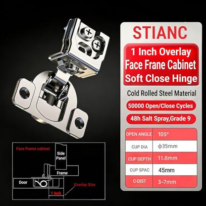 50 Pcs 1" Overlay Soft Close Cabinet Hinges 105° 3D Adjustable - size: 1 Inch