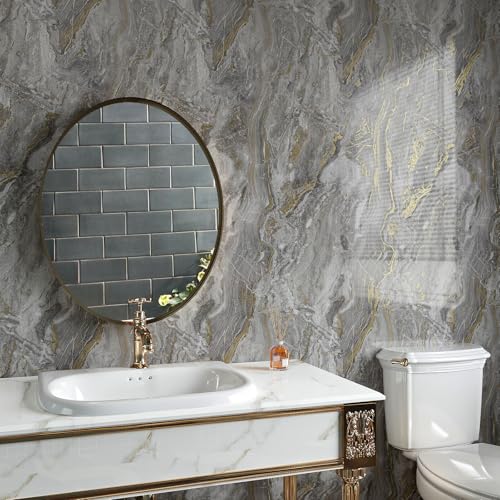 VaryPaper 15.7''x78.7'' Glossy Marble Countertop Contact Paper Waterproof Marble Wallpaper Peel and Stick Counter Top Covers Removable Self Adhesive Granite Vinyl Wrap for Kitchen Cabinets Desk Table - color: Glossy-Grey Gold, size: 15.7" x 78.7"