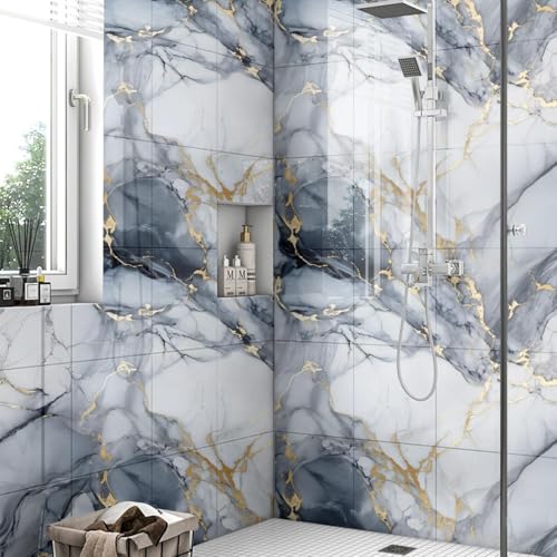 Chejiaye 10pcs Marble Peel and Stick Backsplash Waterproof Washroom Wall Panels, Peel and Stick Tile, PVC Foam Wall Panels for Kitchen,Bathroom,Living Room,Blue and Gold(Not Real Tile,11.8" x 11.8") - color: Blue and Gold, size: 11.8" x 11.8" x 10Pack