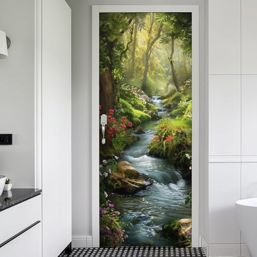 REDAMANCY Green Tree Forest River Red Pink Flowers Peel and Stick Door Stickers Vinyl 3D Door Mural Decals Decor Wallpaper Self-Adhesive, Waterproof, Removable - color: Mta-26