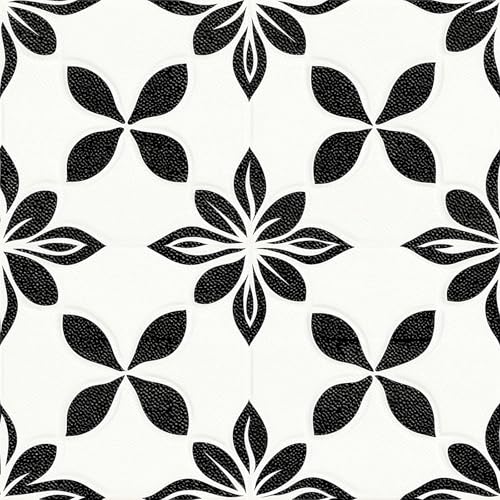HOMETITUTE Modern Black White Petal Peel Stick Floor 12x12 Vinyl - color: Black#7