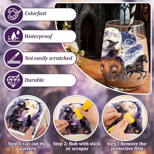 WANDIC 3 Sheets Halloween Rub on Transfer Stickers, Purple & Black Fantasy Full Moon Witch Waterproof Decal for Crafts Furniture Scrapbook Album Laptop - color: Full Moon Witch