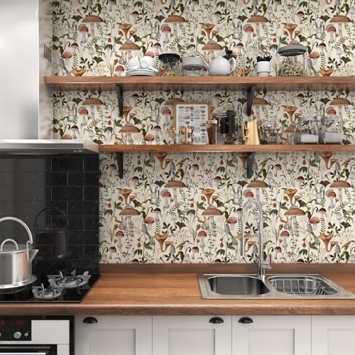 Mushroom Wallpaper Peel and Stick Forest Contact Paper 17.7"×78.8" - color: Beige, size: 17.7" x 78.8"
