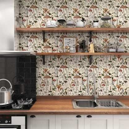 Mushroom Wallpaper Peel and Stick Forest Contact Paper 17.7"×78.8" - color: Beige, size: 17.7" x 78.8"