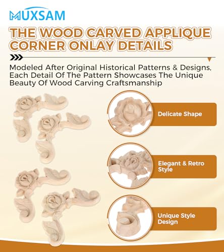 MUXSAM Rose Carved Appliques Onlays, 4Pcs Unpainted Wood Carvings Decals - size: 6x6cm/2.36"x2.36"