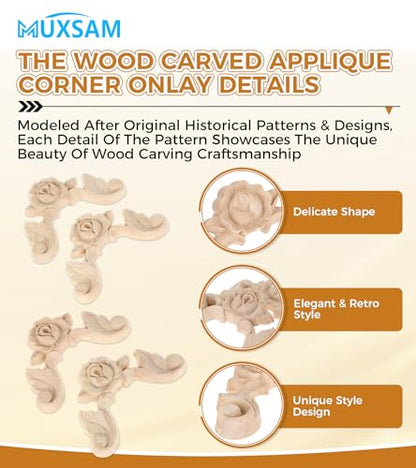 MUXSAM Rose Carved Appliques Onlays, 4Pcs Unpainted Wood Carvings Decals - size: 6x6cm/2.36"x2.36"