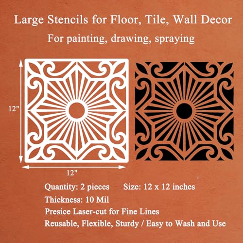 Geometric Sunburst Tile Stencils for Painting, 12x12 Inch, 2 PCS