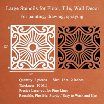 Geometric Sunburst Tile Stencils for Painting, 12x12 Inch, 2 PCS