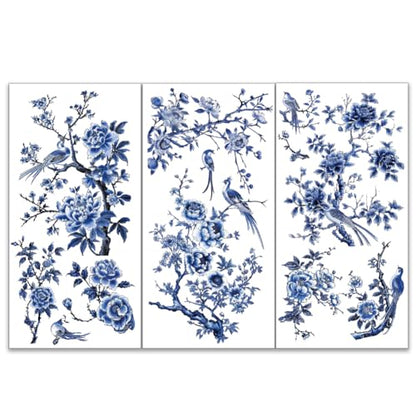 OLYCRAFT 3pcs/Set Blue Flower Rub on Transfers for Furniture and Crafts 15x30cm Blue Bird Decor Transfer Stickers Blue Landscape Rub on Decals for Wood Furniture Scrapbooking Home Decorations