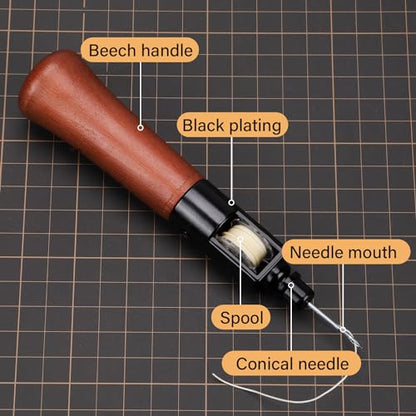 WUTA Repair Stitch Kit Leathercraft Stitch Awl Tool with 5 Pcs Small Chrome-Plated Needle, for Leather, Belt, Canvas, Fabric, Bag Repair Professional Stitcher Leather Craft Tool - style: Basic (Stitch Awl Kit+3 Colors Wax Thread)
