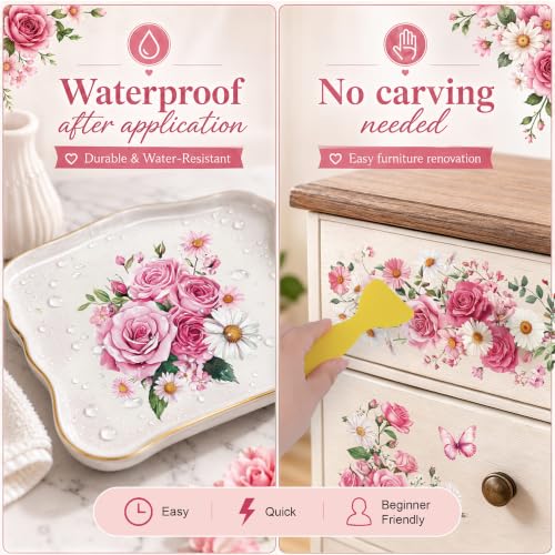 WANDIC 3 Sheets Rub on Transfers for Crafts,Pink Rose Theme Scrapbooking Stickers Furniture Transfers Journal Stickers Flower Pattern Decals for DIY Water Bottle Window,15 * 30cm - color: Pink Rose